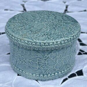 Celadon Powered Blue Reticulated Ceramic Trinket Box Round Lid Pierced Signed